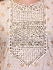 Silk Blend Embroidered Round Neck Kurta, Pant and Dupatta Set.