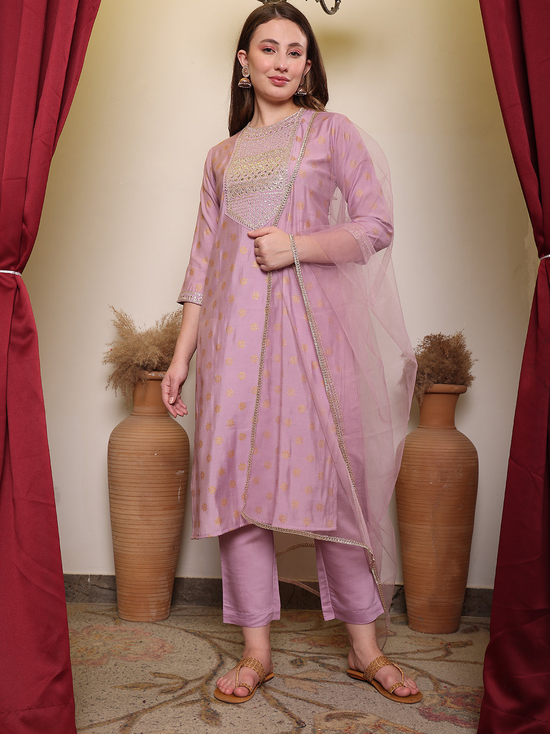 Silk Blend Embroidered Round Neck Kurta, Pant and Dupatta Set.