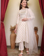 Silk Blend Embroidered Round Neck Kurta, Pant and Dupatta Set.