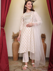 Silk Blend Embroidered Round Neck Kurta, Pant and Dupatta Set.