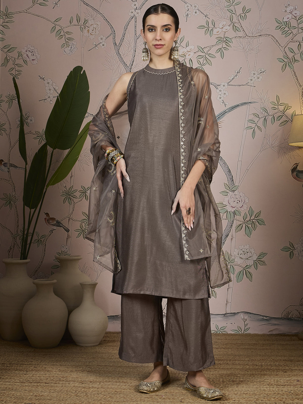 Taupe Bronze Silk Blend Kurta, Pant and Organaza Dupatta Set