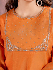 Orange Chanderi Cotton Silk Kurta, Pant and Organza Dupatta Set.