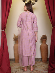 Silk Blend Embroidered Round Neck Kurta, Pant and Dupatta Set.