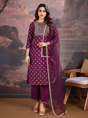 Magenta Silk Blend Kurta with Pants & Net Dupatta