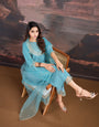 Aqua Blue Silk Blend Kurta, Pants & Net Dupatta Set.