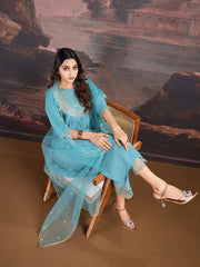 Aqua Blue Silk Blend Kurta, Pants & Net Dupatta Set.