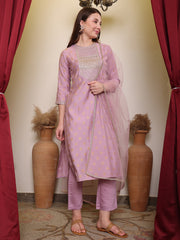 Silk Blend Embroidered Round Neck Kurta, Pant and Dupatta Set.