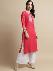 Pink Embroidered Neck Kurta.