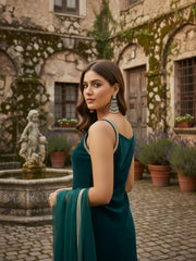 Rama Green Velvet Kurta, Pant and Dupatta Set