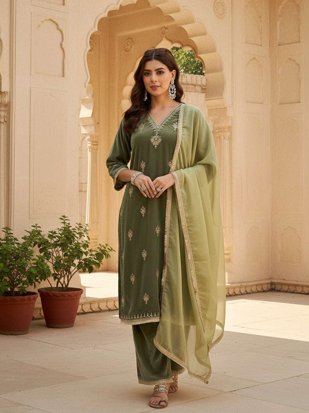 Olive Green Velvet Embroidered Kurta, Pant and Dupatta Set