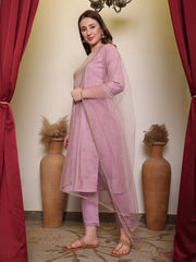 Silk Blend Embroidered Round Neck Kurta, Pant and Dupatta Set.