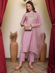 Silk Blend Embroidered Round Neck Kurta, Pant and Dupatta Set.