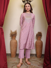 Silk Blend Embroidered Round Neck Kurta, Pant and Dupatta Set.