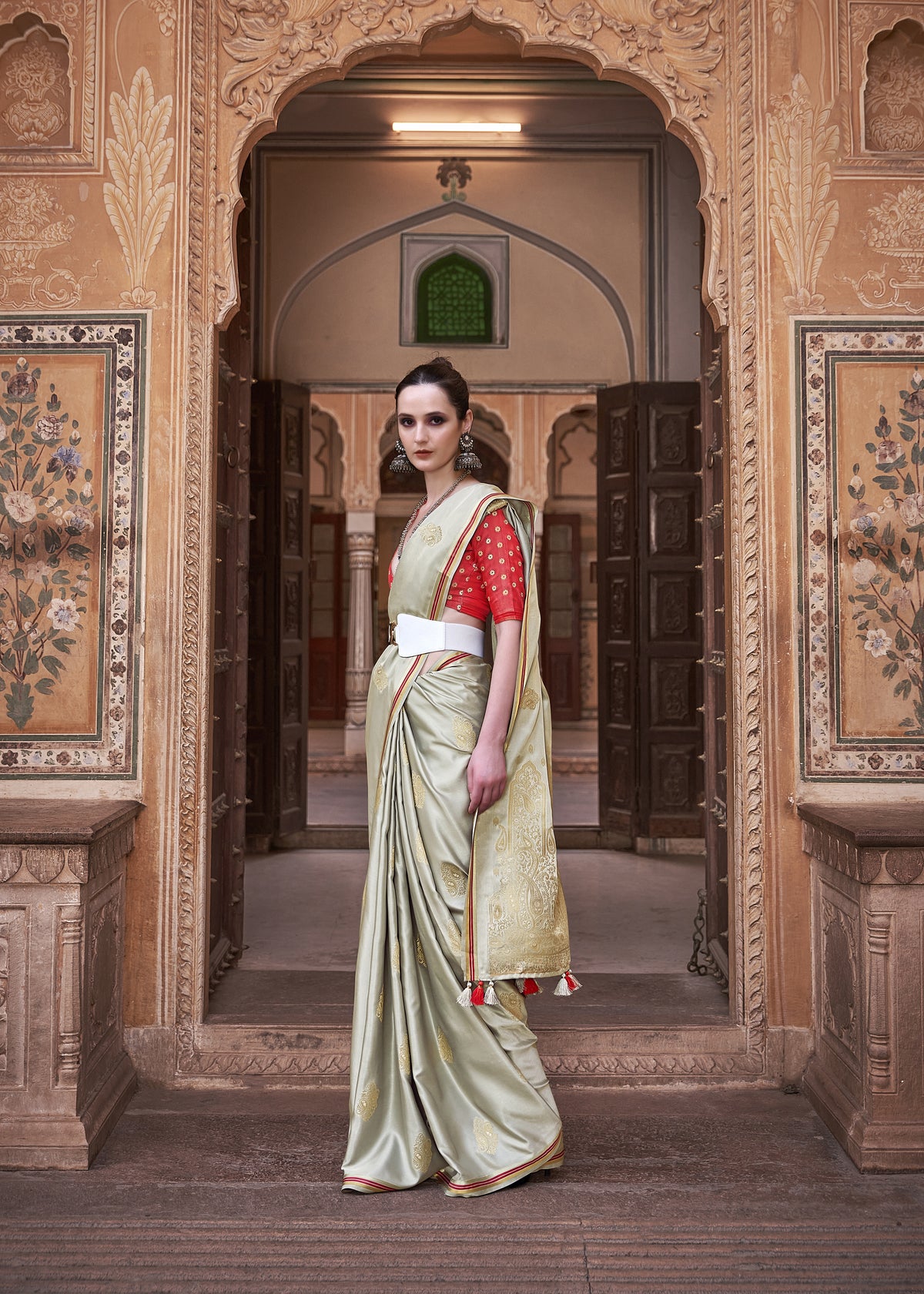 Pure Satin Saree with Zari Weaving Border and Unstitched Blouse Piece.