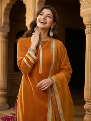Mustard Velvet Embellished Kurta, Pant and Dupatta Set