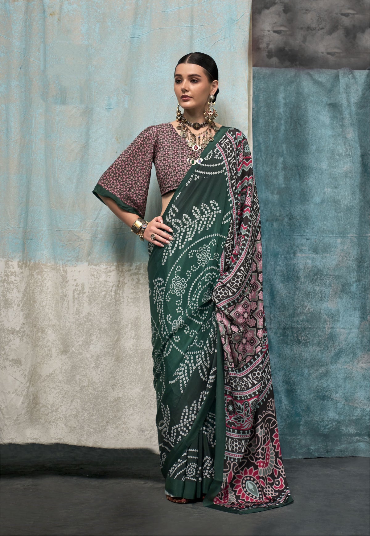 Digital Printed Satin Saree with Unstiched Blouse