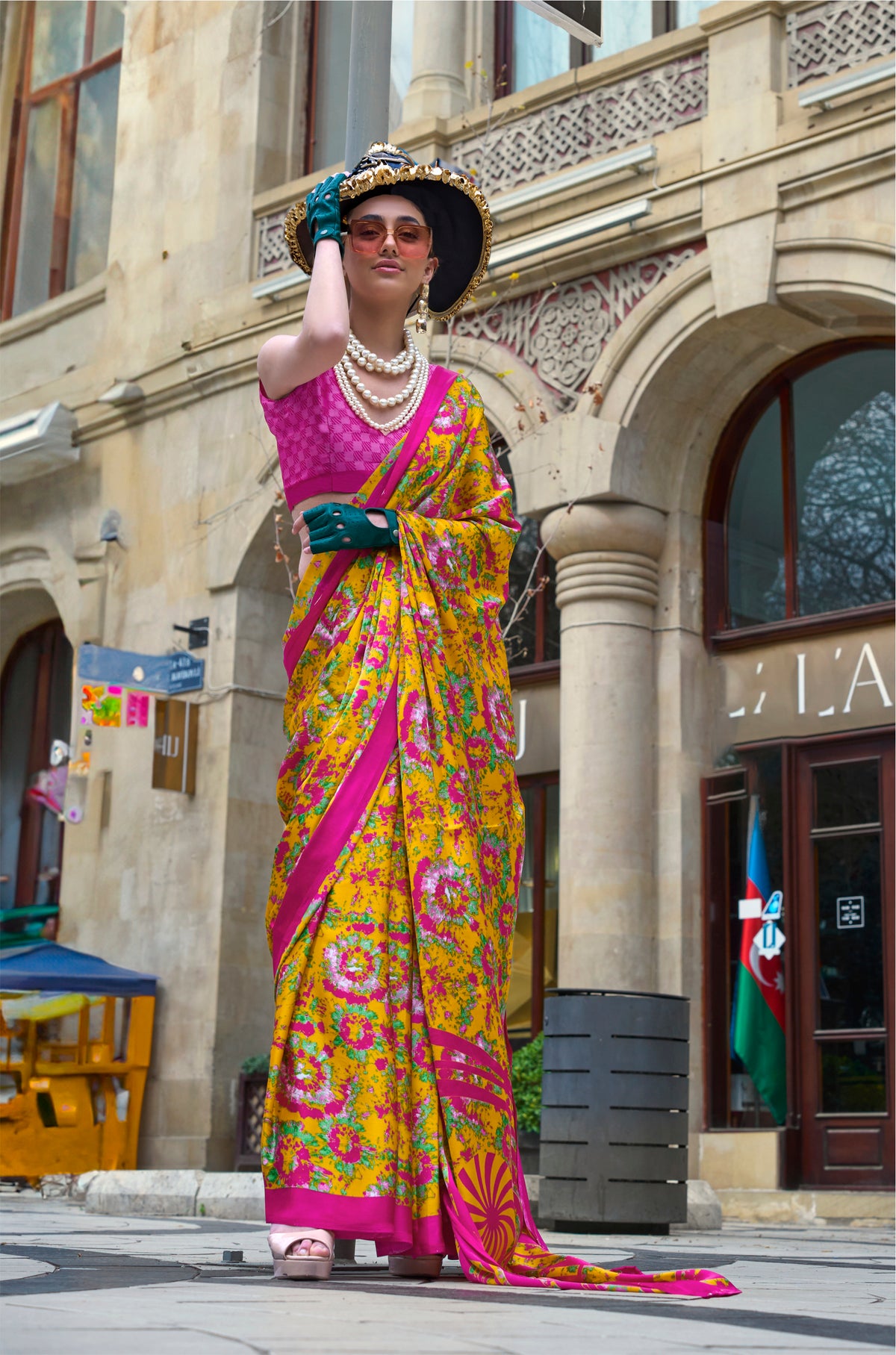Digital Printed Satin Saree with Unstiched Blouse