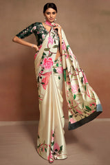 Digital Printed Satin Saree with Unstiched Blouse.