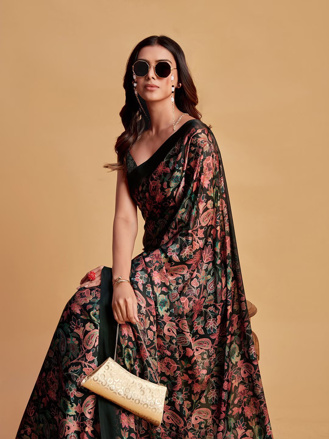 Digital Printed Satin Saree with Unstiched Blouse