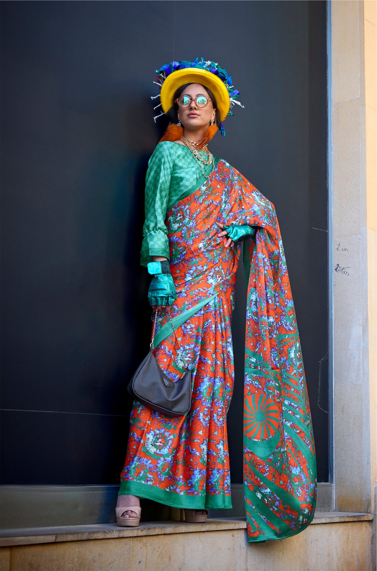 Digital Printed Satin Saree with Unstiched Blouse