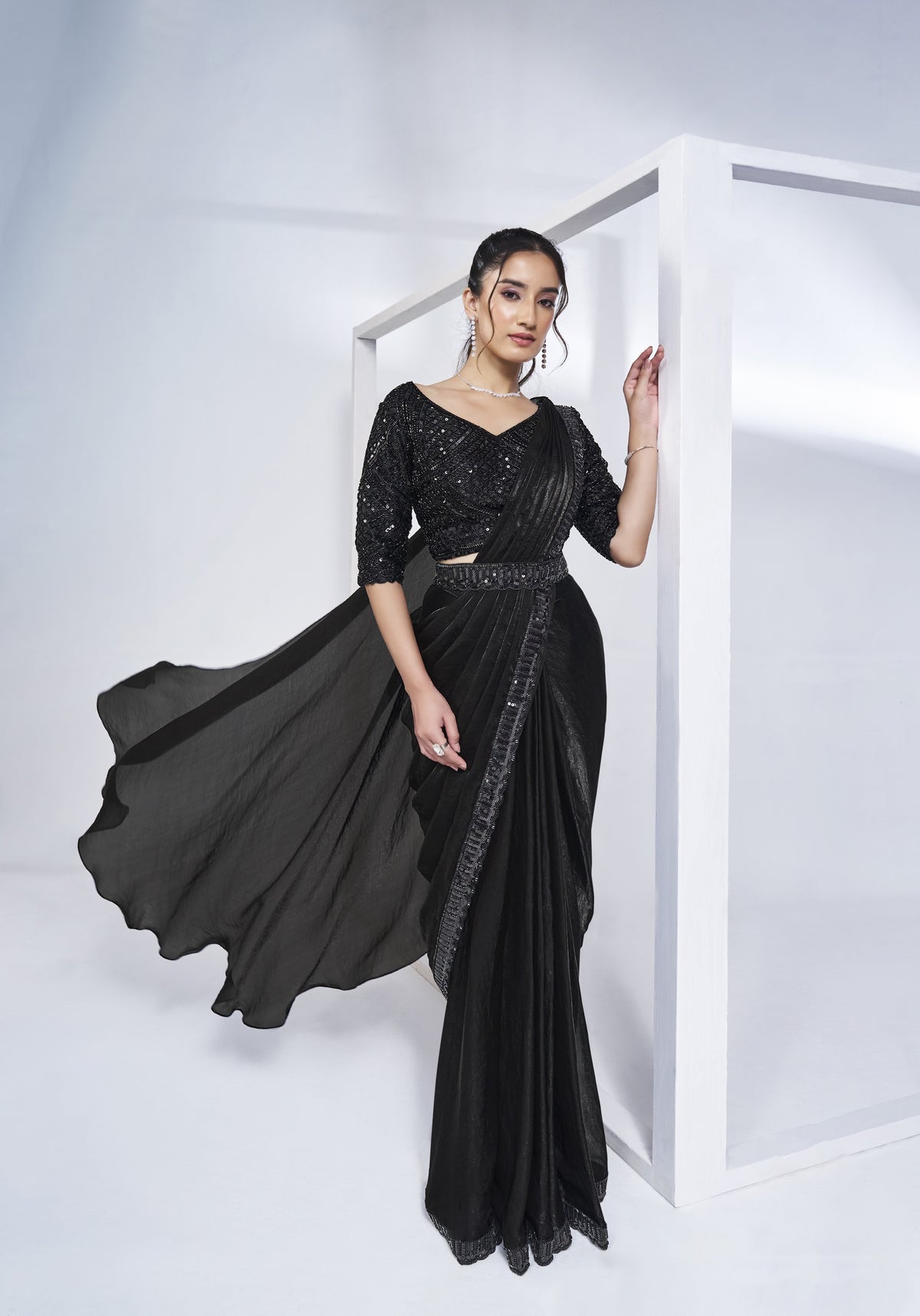Pre-draped Two Tone Black Satin Silk Saree with Blouse