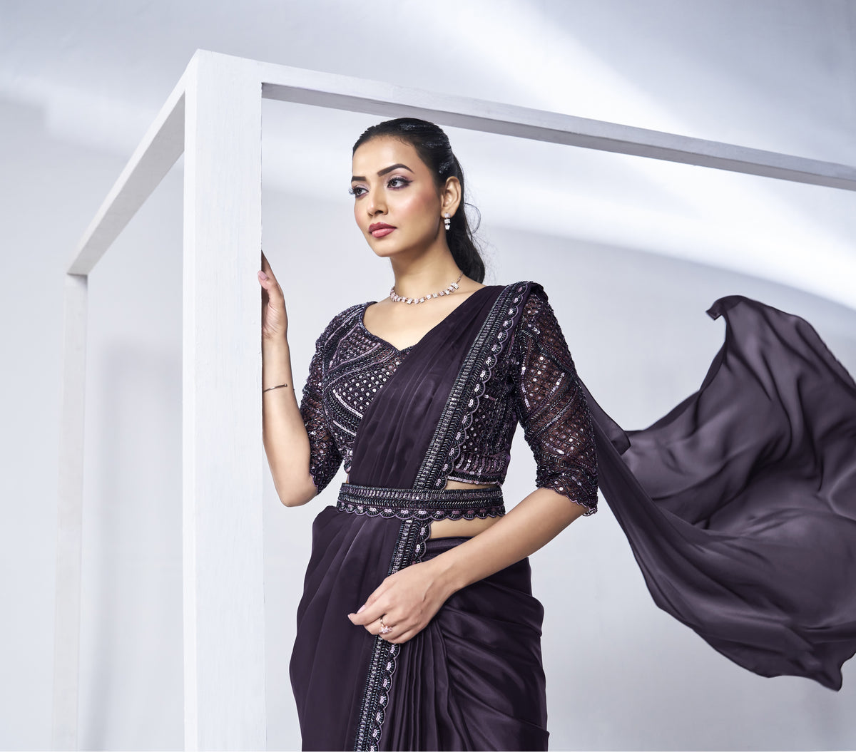 Pre-draped Two Tone Dark Purple Satin Silk Saree with Blouse