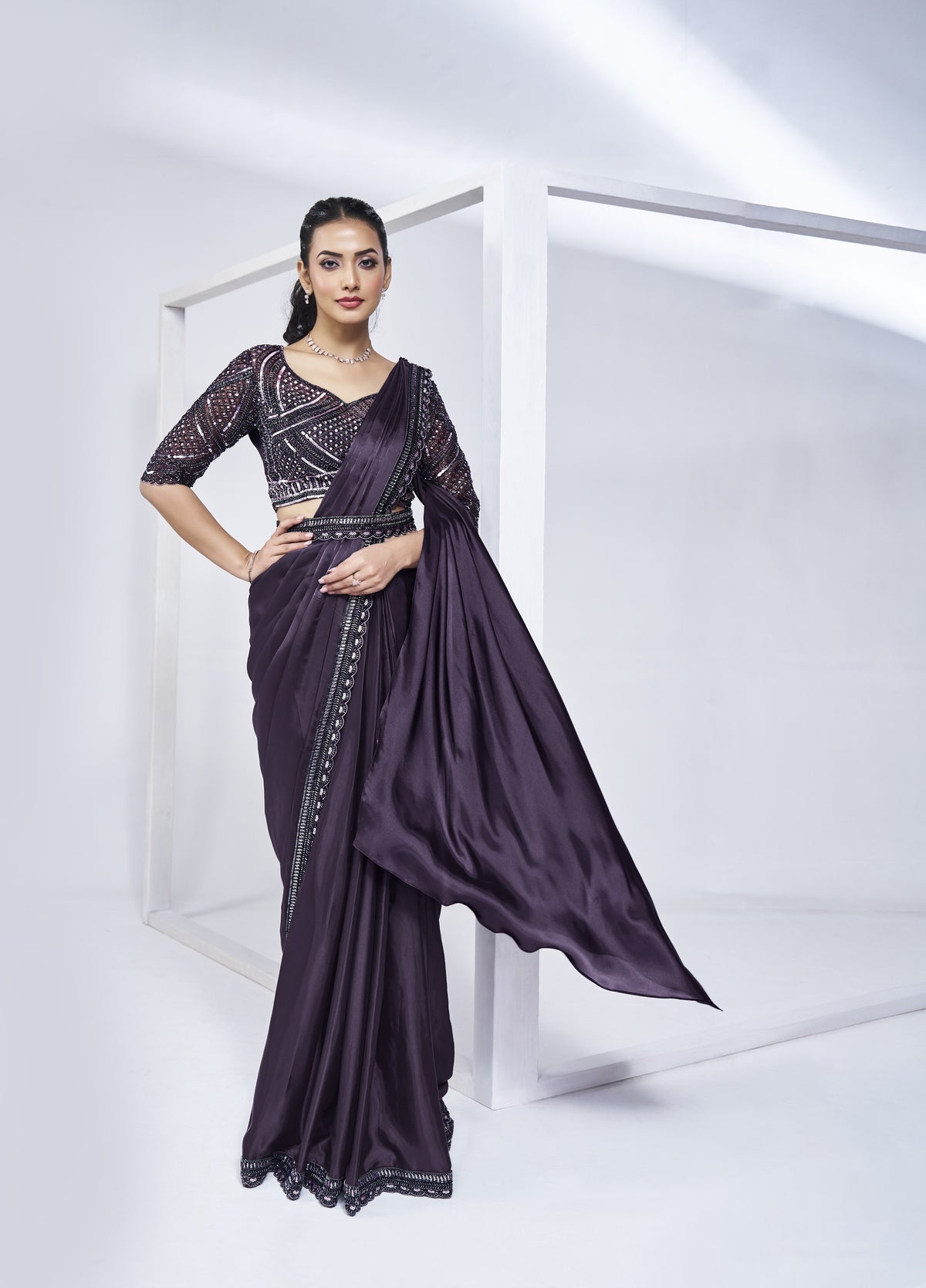 Pre-draped Two Tone Dark Purple Satin Silk Saree with Blouse