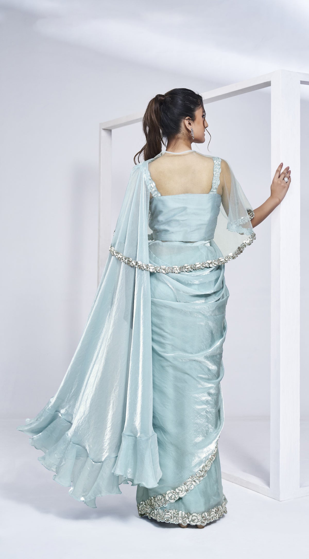 Pre-draped Two Tone Turquoise Blue Satin Silk Saree with Blouse