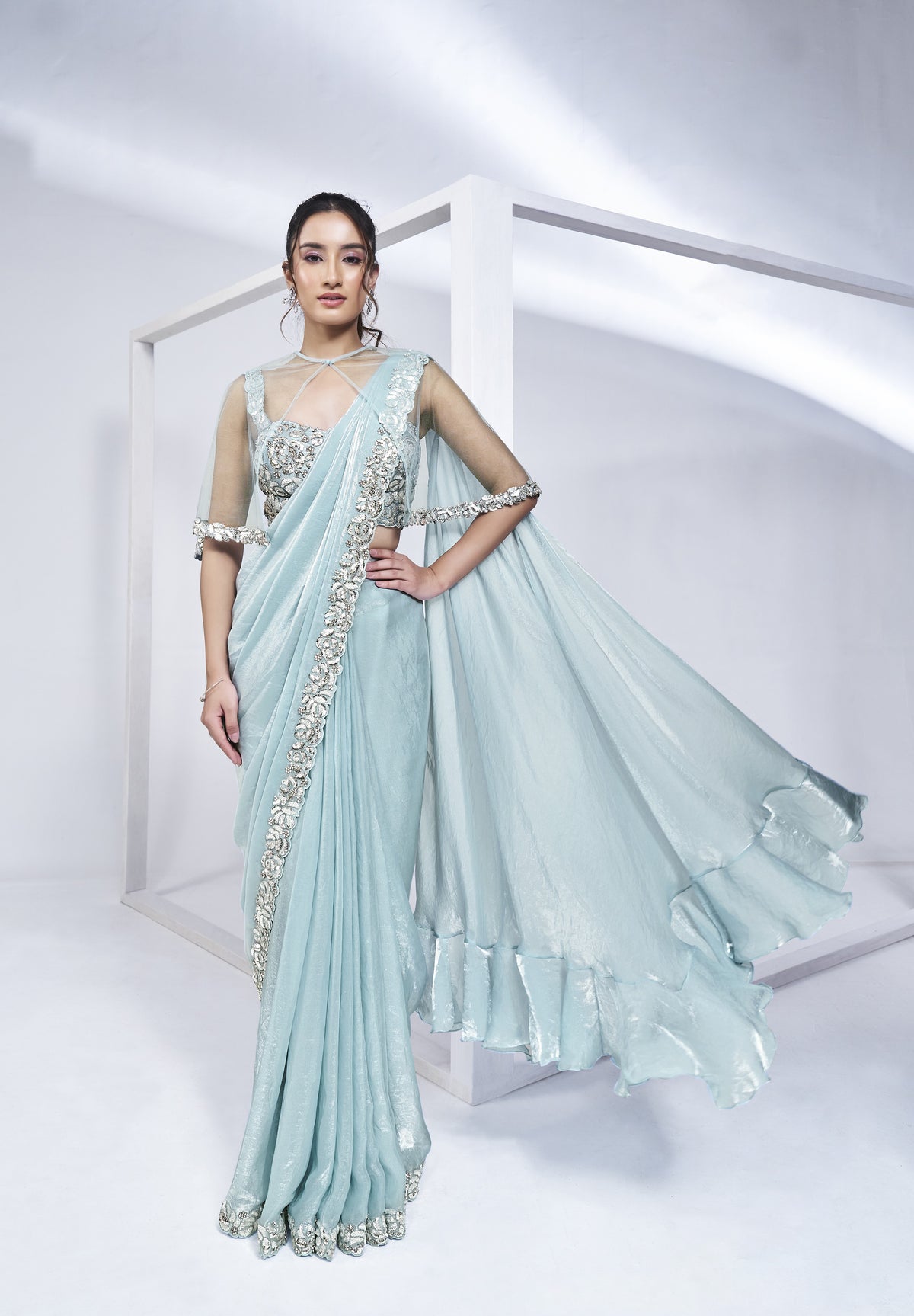 Pre-draped Two Tone Turquoise Blue Satin Silk Saree with Blouse