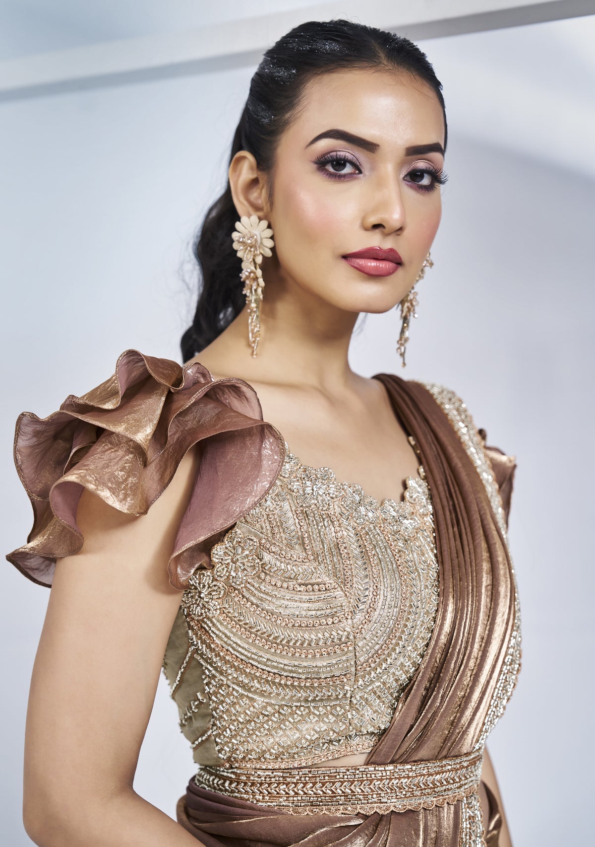 Pre-draped Two Tone Brown Satin Silk Saree with Blouse