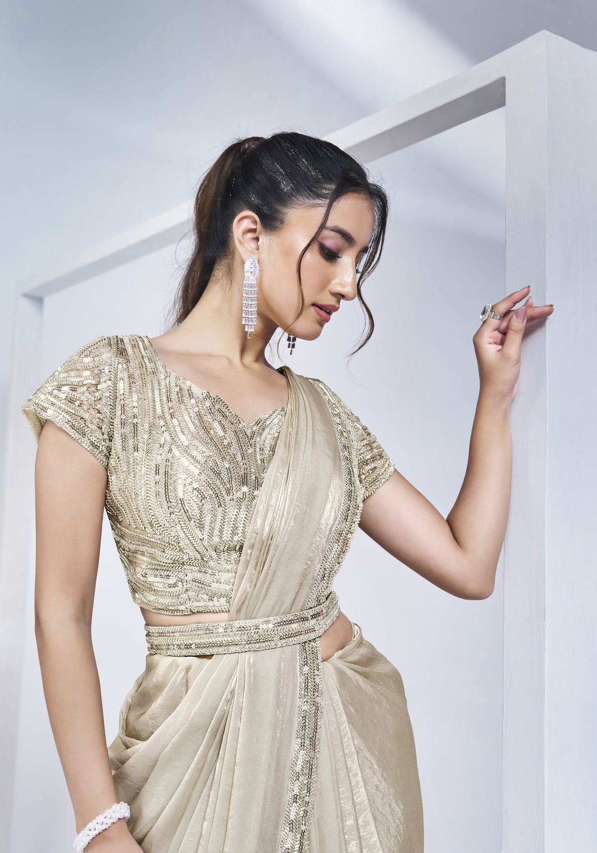 Pre-draped Two Tone Silver White Satin Silk Saree with Blouse