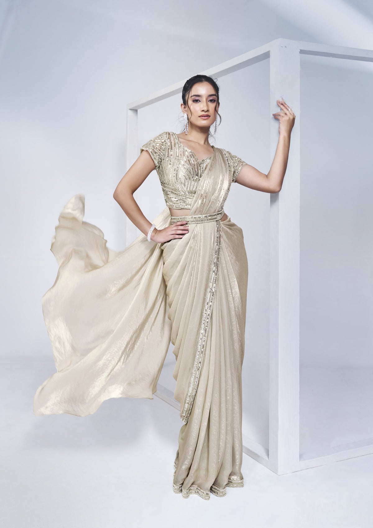 Pre-draped Two Tone Silver White Satin Silk Saree with Blouse