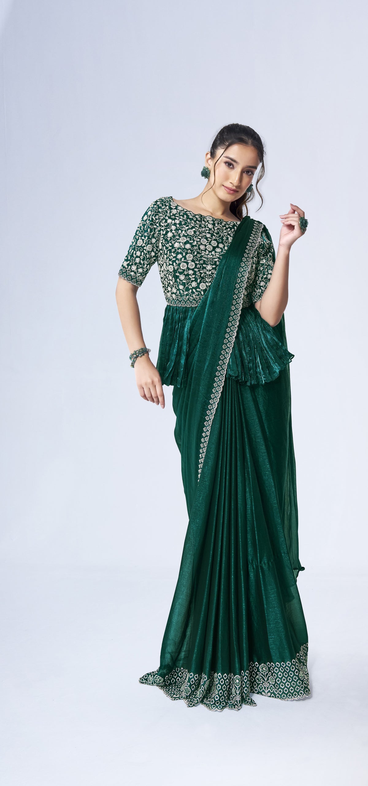 Pre-draped Two Tone Green Satin Silk Saree with Blouse
