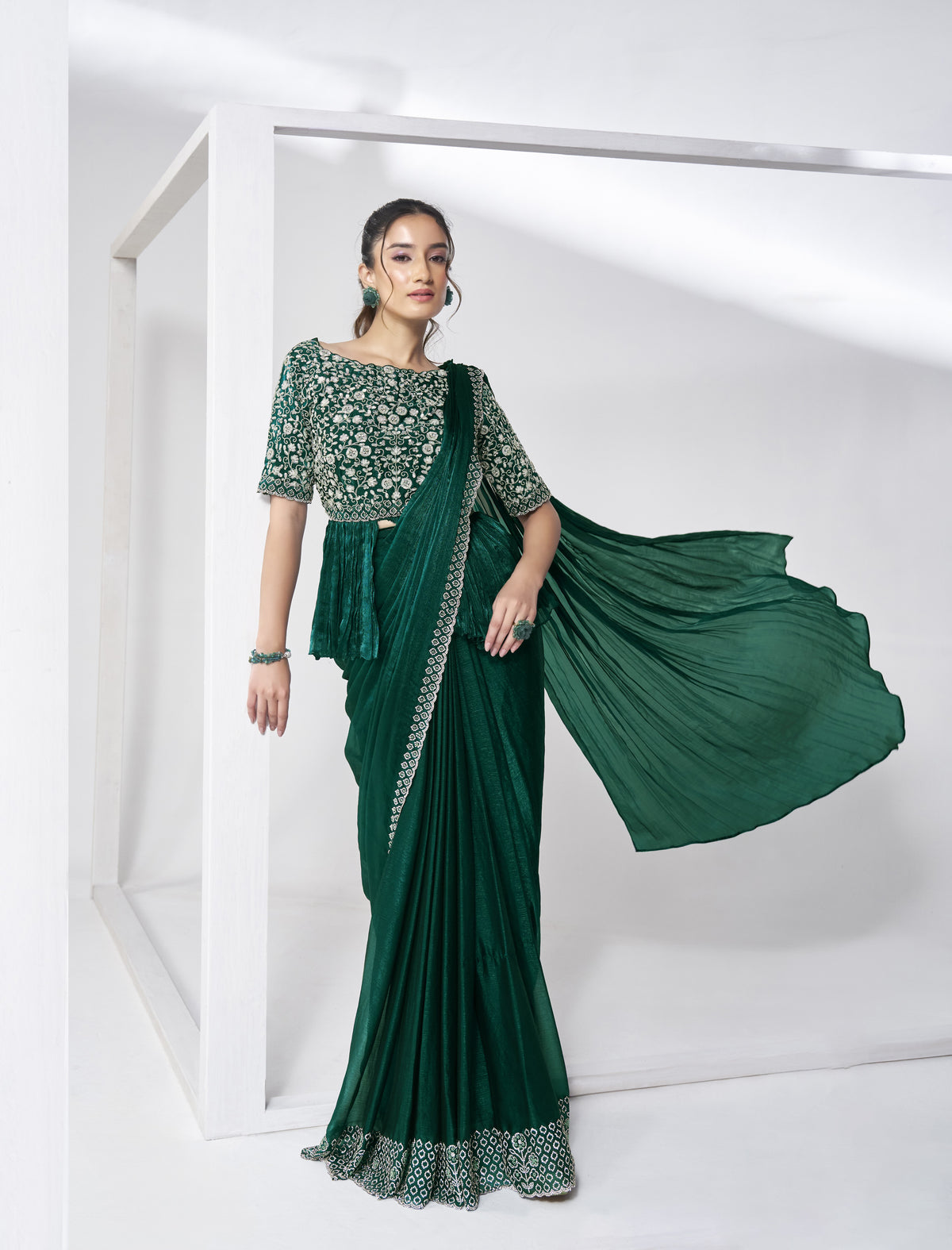 Pre-draped Two Tone Green Satin Silk Saree with Blouse