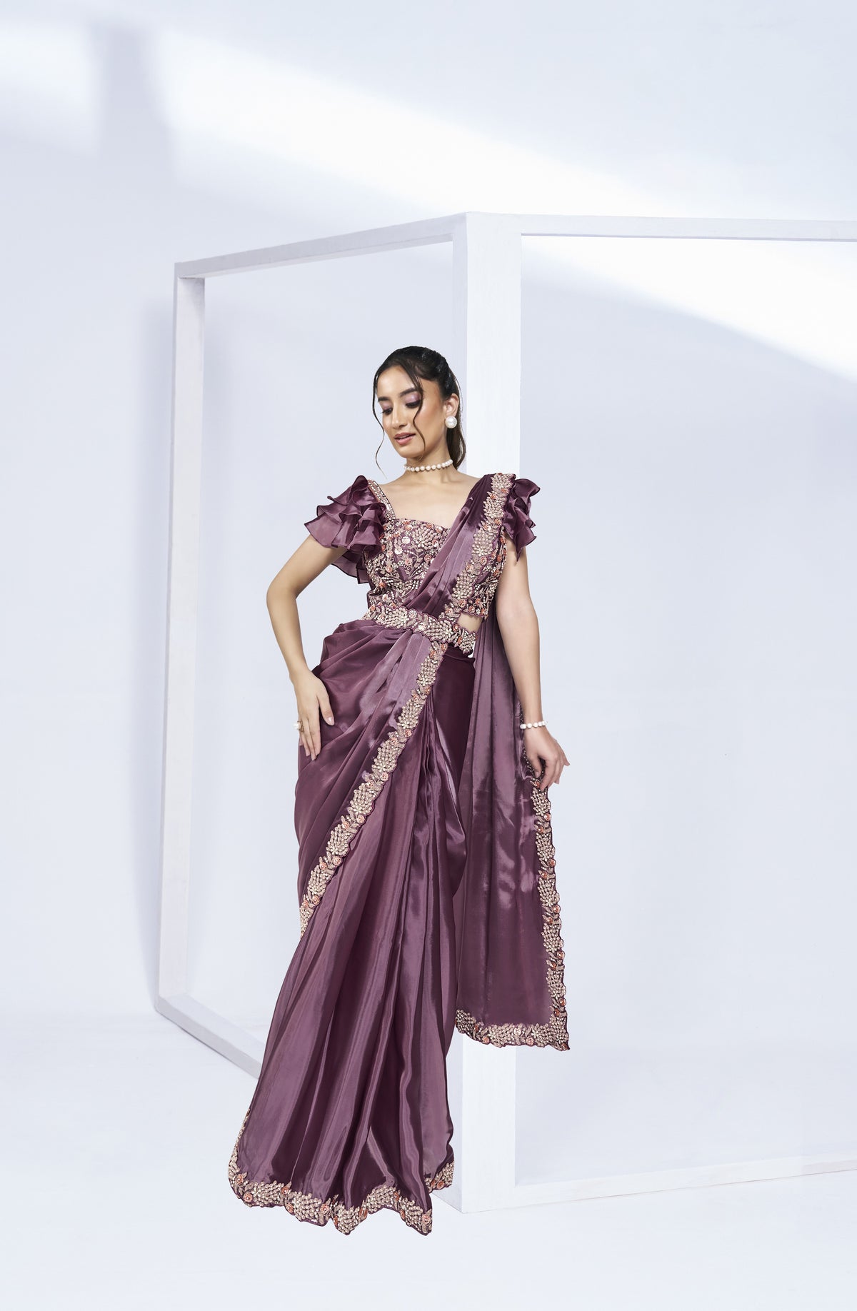 Pre-draped two tone purple Satin Silk Saree with Blouse