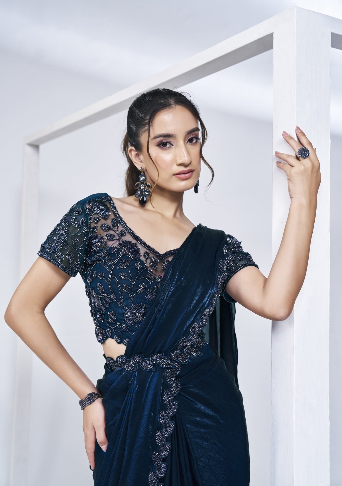 Pre-draped Two Tone Blue Satin Silk Saree with Blouse