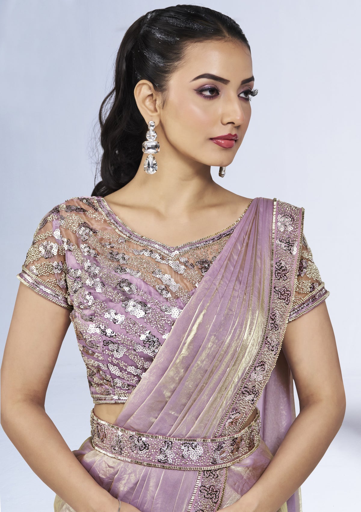 Pre-draped Two Tone Satin Silk Saree with Blouse