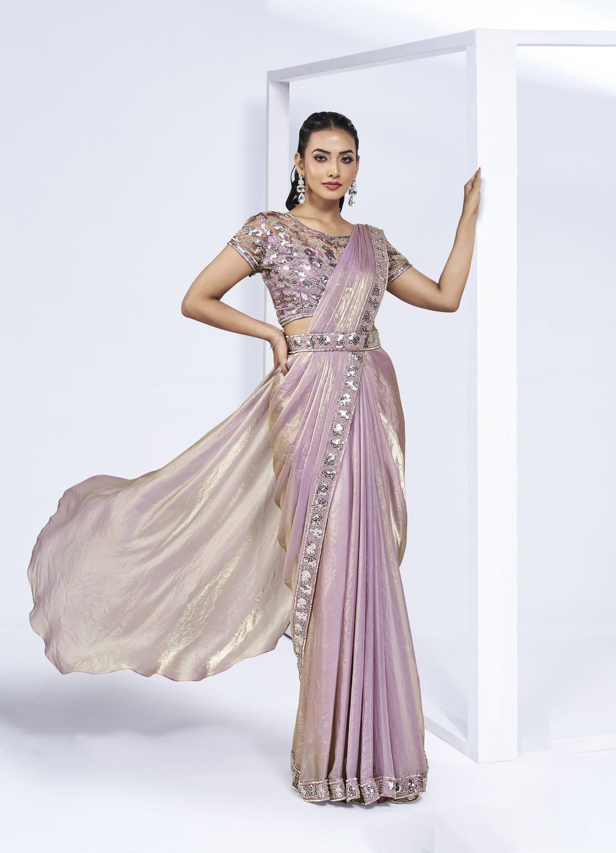 Pre-draped Two Tone Satin Silk Saree with Blouse