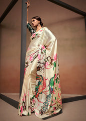 Digital Printed Satin Saree with Unstiched Blouse.