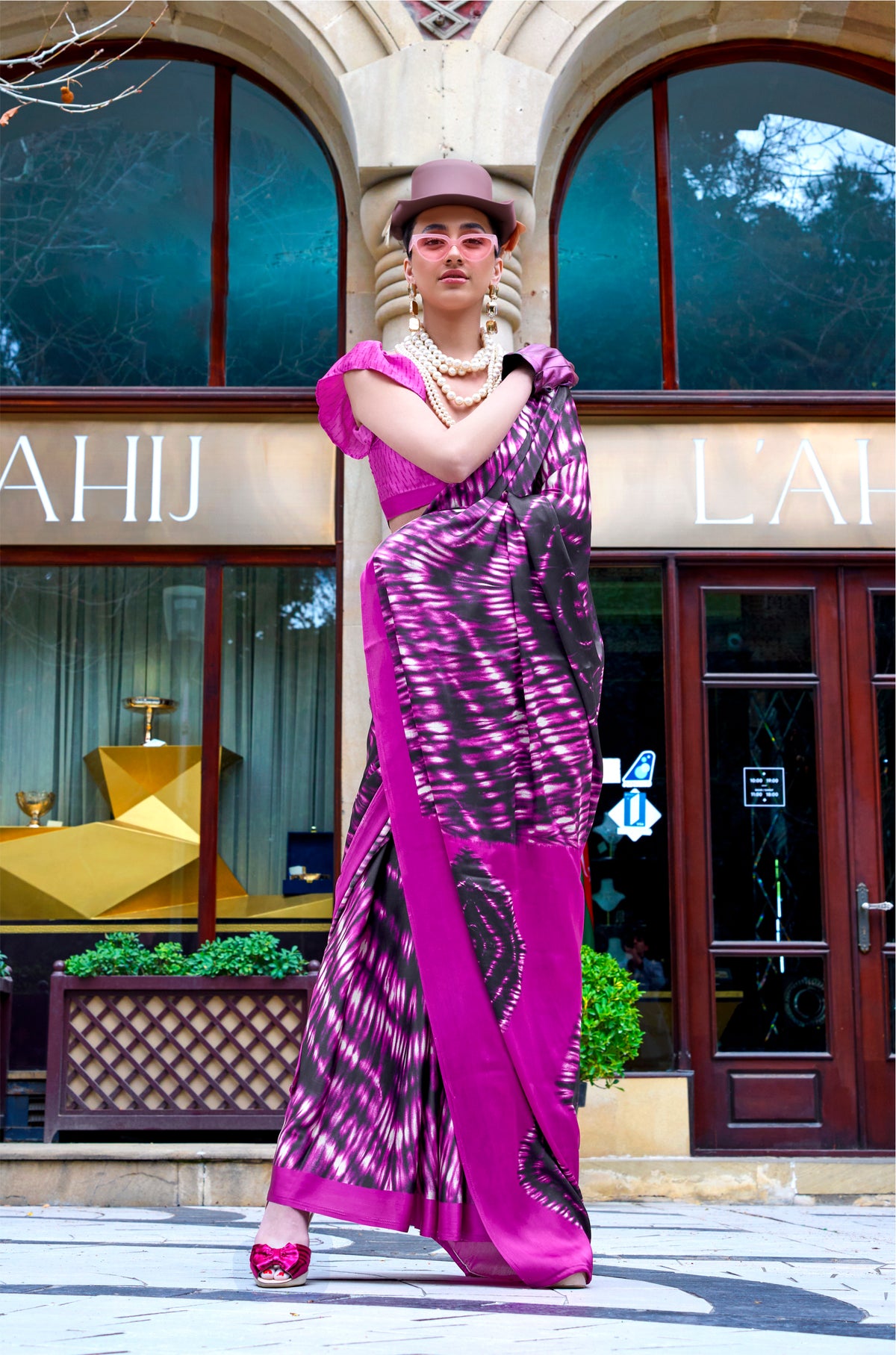 Digital Printed Satin Saree with Unstiched Blouse.