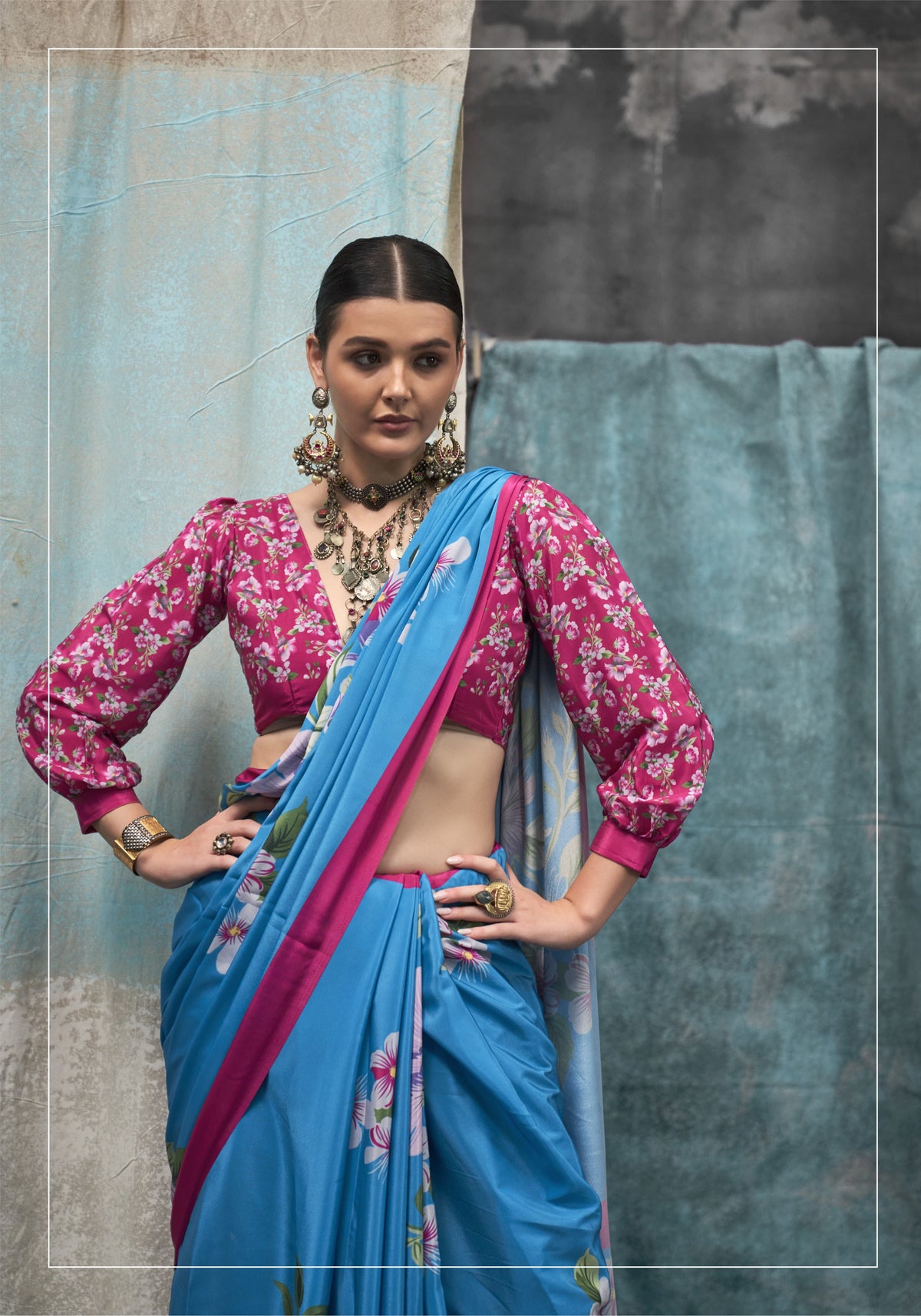 Digital Printed Satin Saree with Unstiched Blouse