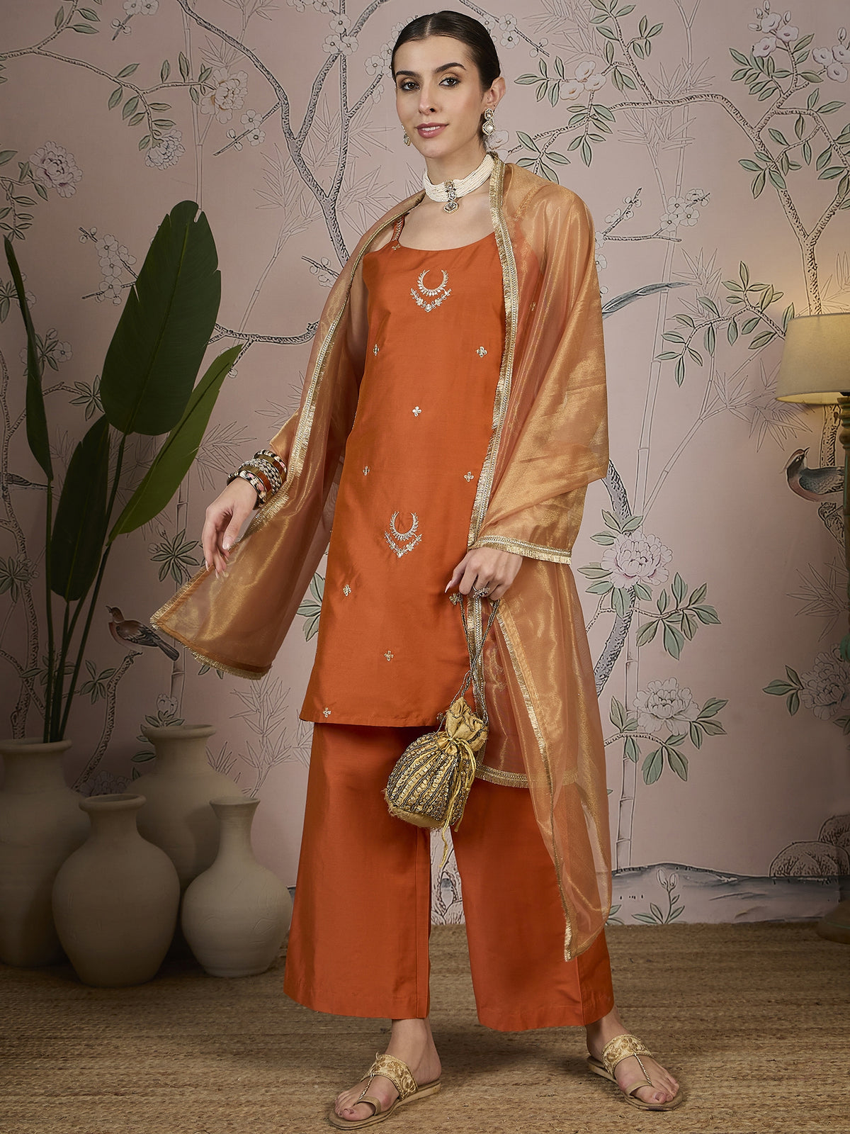 Rust Orange Silk Blend Kurta, Pant and Net Dupatta set