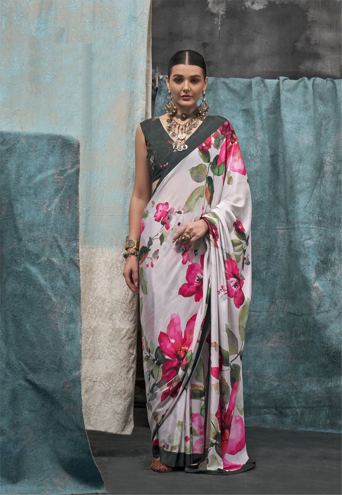 Digital Printed Satin Saree with Unstiched Blouse.