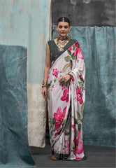 Digital Printed Satin Saree with Unstiched Blouse.