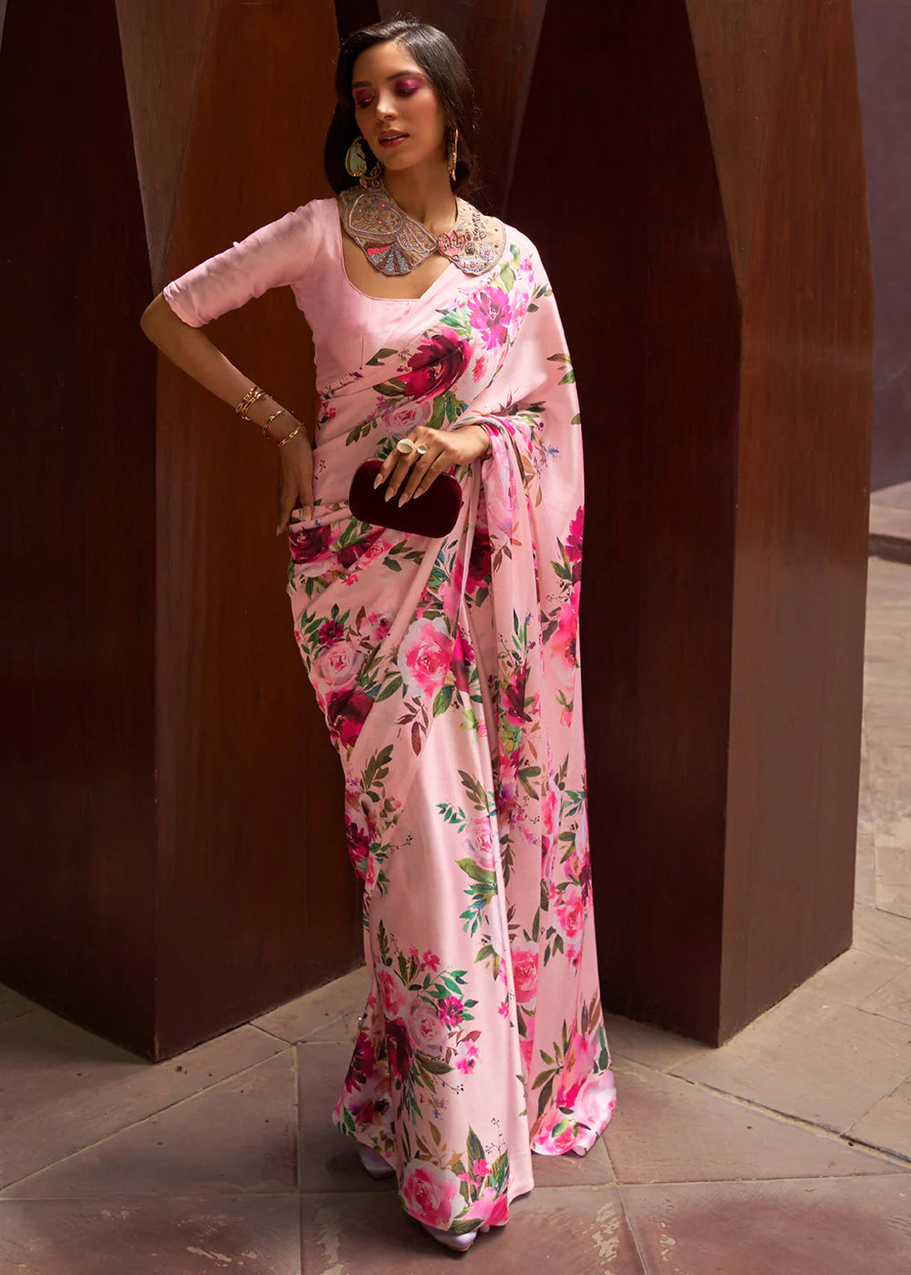 Digital Printed Satin Saree with Unstiched Blouse.