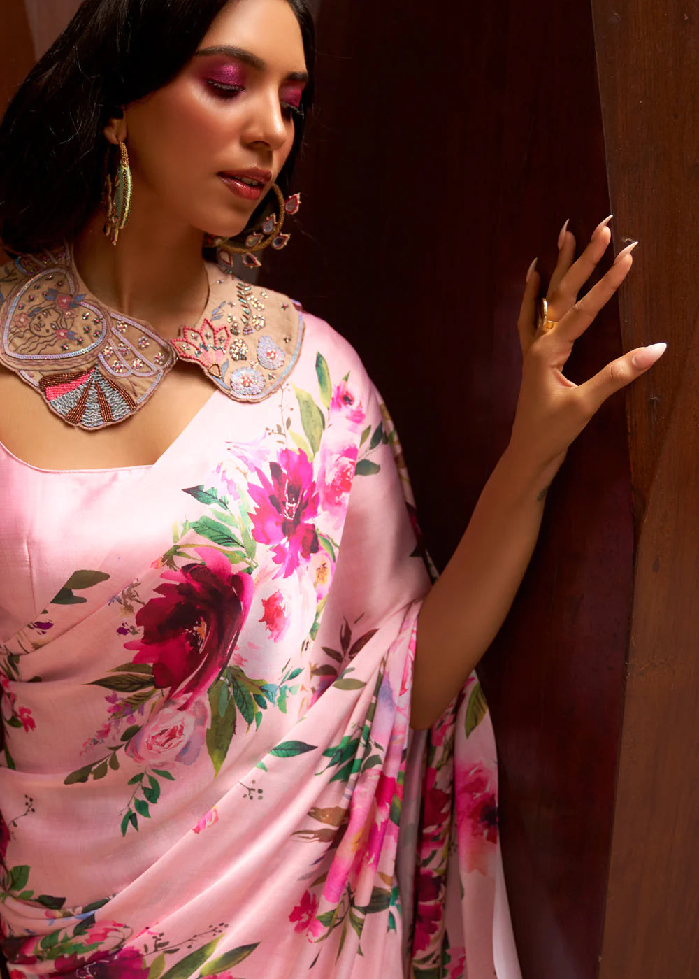 Digital Printed Satin Saree with Unstiched Blouse