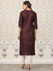 Dark Wine Embroidered Neck Kurta.