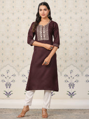 Dark Wine Embroidered Neck Kurta.