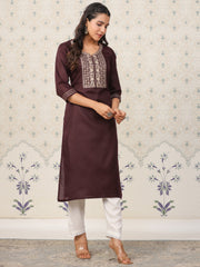 Dark Wine Embroidered Neck Kurta.