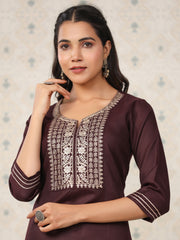 Dark Wine Embroidered Neck Kurta.